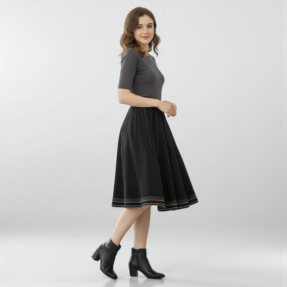 Emanuel Ungaro Black Flared Skirt Size 6 White Stitch Detail - Picture 14 of 14